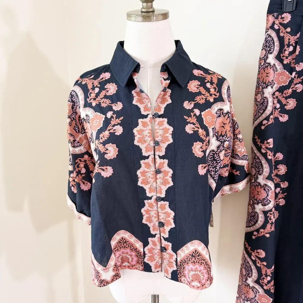 Cleobella Black/Tan Short Sleeve Top & Wide Leg Pants Coordinating Set XS/Small - Picture 4 of 12
